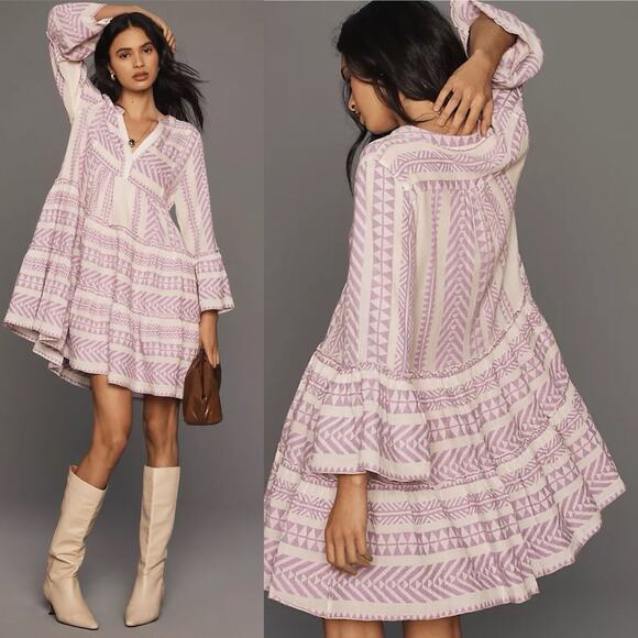Devotion Twins Embroidered Ella Dress Tunic Tiered Cotton Lilac Size M boho chic - Picture 1 of 13